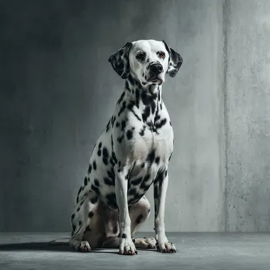 a Dalmatian dog, well-groomed, sitting, full body, expressive and energetic, in a wide minimalist modern room. High-quality lighting, sharp focus, ultra-realistic fur texture, premium pet photography style