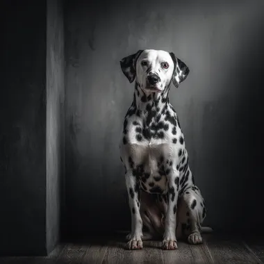 a Dalmatian dog, well-groomed, sitting, full body, expressive and energetic, in a wide minimalist modern room. High-quality lighting, sharp focus, ultra-realistic fur texture, premium pet photography style