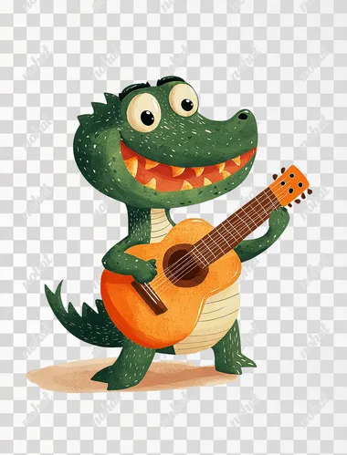a cute crocodile playing a guitar, in a simple, minimalistic style. reminiscent of children's book drawings, The image is colorful, with no background, bold colors, and strong lines, in the style of Henri Matisse. Boho neutral plain background    --s 250