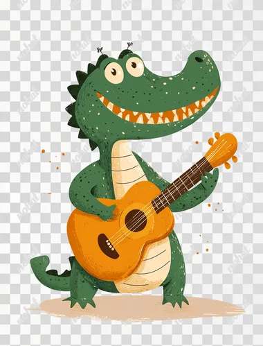 a cute crocodile playing a guitar, in a simple, minimalistic style. reminiscent of children's book drawings, The image is colorful, with no background, bold colors, and strong lines, in the style of Henri Matisse. Boho neutral plain background    --s 250