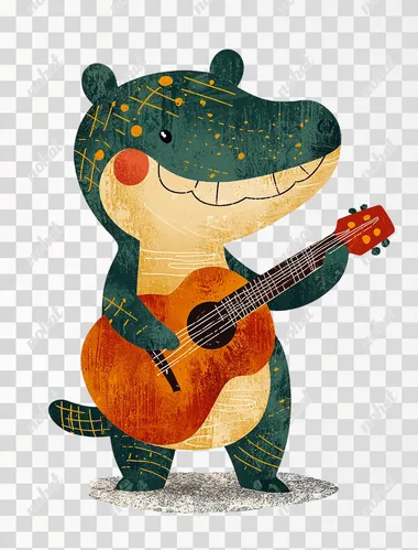 a cute crocodile playing a guitar, in a simple, minimalistic style. reminiscent of children's book drawings, The image is colorful, with no background, bold colors, and strong lines, in the style of Henri Matisse. Boho neutral plain background    --s 250