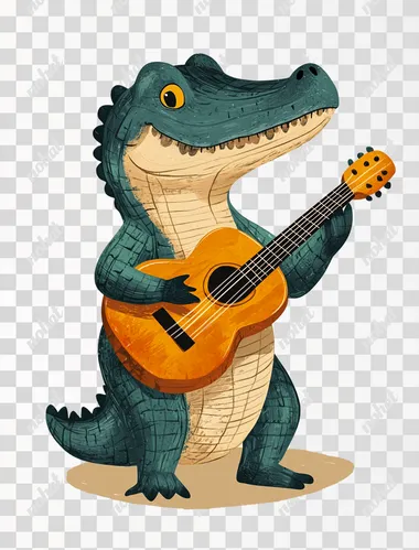 a cute crocodile playing a guitar, in a simple, minimalistic style. reminiscent of children's book drawings, The image is colorful, with no background, bold colors, and strong lines, in the style of Henri Matisse. Boho neutral plain background    --s 250