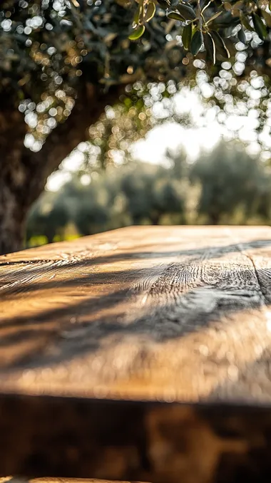 very close-up close-up rustic Andalusian table in a field of olive trees