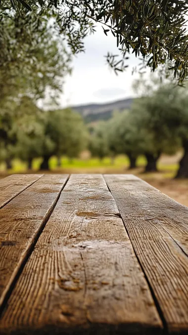 very close-up close-up rustic Andalusian table in a field of olive trees