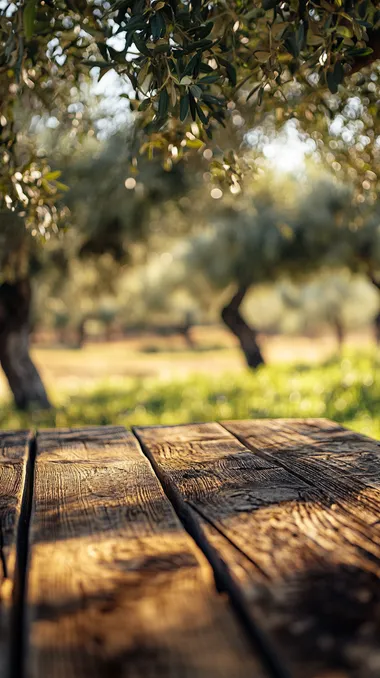 very close-up close-up rustic Andalusian table in a field of olive trees