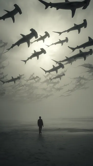 A lone man walks along a desolate beach while dozens of massive hammerhead sharks float above him in the misty sky, as if swimming through air. The atmosphere is surreal and haunting, with diffused light casting soft shadows. The sharks move slowly and weightlessly, their tails and fins undulating as if still underwater. The entire scene is in muted tones, resembling an old dream or distant memory. Cinematic, dystopian, dreamlike, black and white surrealism.