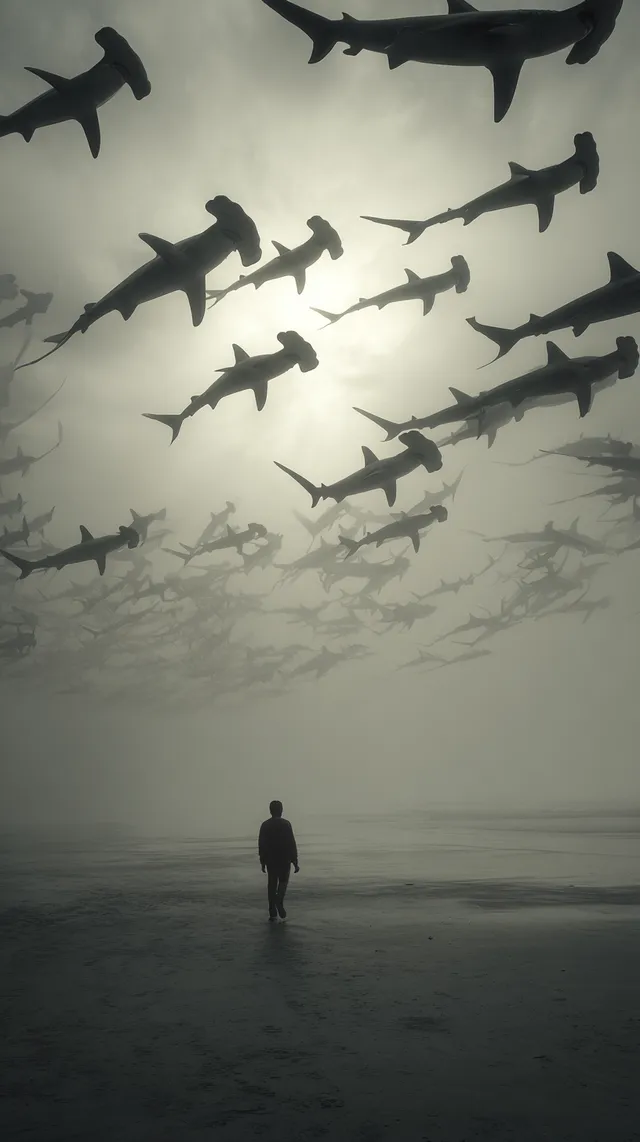 Surreal Encounter: A Man and Flying Hammerhead Sharks