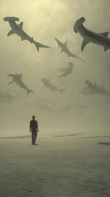 A lone man walks along a desolate beach while dozens of massive hammerhead sharks float above him in the misty sky, as if swimming through air. The atmosphere is surreal and haunting, with diffused light casting soft shadows. The sharks move slowly and weightlessly, their tails and fins undulating as if still underwater. The entire scene is in muted tones, resembling an old dream or distant memory. Cinematic, dystopian, dreamlike, black and white surrealism.