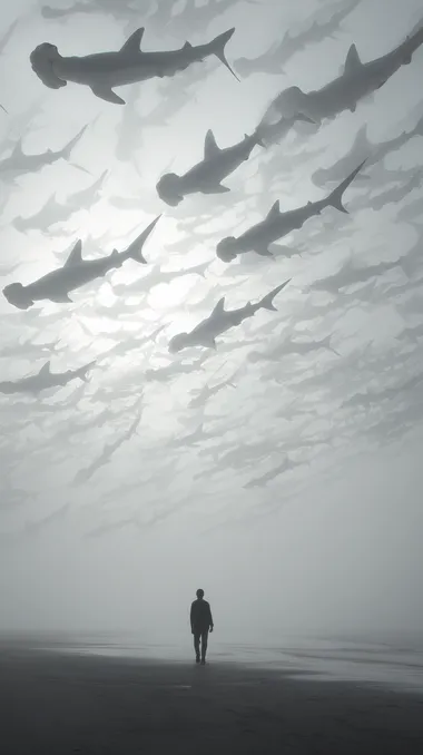 A lone man walks along a desolate beach while dozens of massive hammerhead sharks float above him in the misty sky, as if swimming through air. The atmosphere is surreal and haunting, with diffused light casting soft shadows. The sharks move slowly and weightlessly, their tails and fins undulating as if still underwater. The entire scene is in muted tones, resembling an old dream or distant memory. Cinematic, dystopian, dreamlike, black and white surrealism.