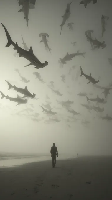 A lone man walks along a desolate beach while dozens of massive hammerhead sharks float above him in the misty sky, as if swimming through air. The atmosphere is surreal and haunting, with diffused light casting soft shadows. The sharks move slowly and weightlessly, their tails and fins undulating as if still underwater. The entire scene is in muted tones, resembling an old dream or distant memory. Cinematic, dystopian, dreamlike, black and white surrealism.