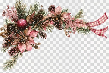 create Christmas garland corner border clipart, with plaid ribbon, glitter and pinecones, retro watercolor style, pinks, dark green, red colors, isolated on white background