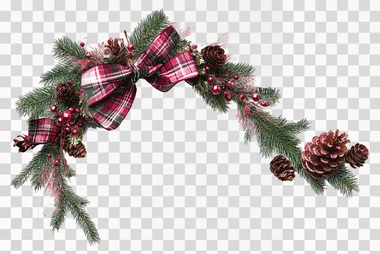 create Christmas garland corner border clipart, with plaid ribbon, glitter and pinecones, retro watercolor style, pinks, dark green, red colors, isolated on white background