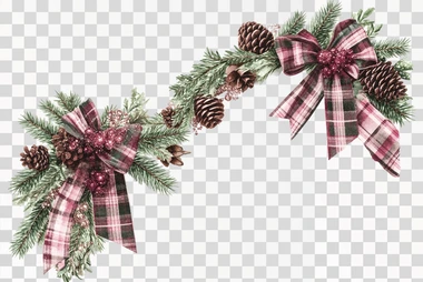 create Christmas garland corner border clipart, with plaid ribbon, glitter and pinecones, retro watercolor style, pinks, dark green, red colors, isolated on white background