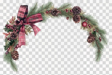 create Christmas garland corner border clipart, with plaid ribbon, glitter and pinecones, retro watercolor style, pinks, dark green, red colors, isolated on white background