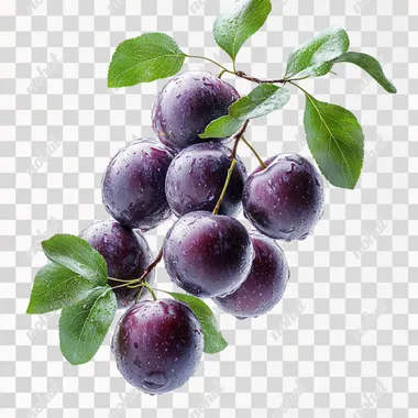 Several dozen Xinjiang plums, glistening with water droplets under the sunlight and adorned with lush green leaves, floating in mid-air. The photo was taken from a frontal angle against a white background. Realistic and clean background, high quality, top quality, ultra-high detail, still life, no people, RAW photo, crazy detail, highly detailed, master-level photo, 8K resolution, cinematic texture, bright tones. empty