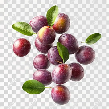 Several dozen Xinjiang plums, glistening with water droplets under the sunlight and adorned with lush green leaves, floating in mid-air. The photo was taken from a frontal angle against a white background. Realistic and clean background, high quality, top quality, ultra-high detail, still life, no people, RAW photo, crazy detail, highly detailed, master-level photo, 8K resolution, cinematic texture, bright tones. empty