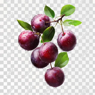 Several dozen Xinjiang plums, glistening with water droplets under the sunlight and adorned with lush green leaves, floating in mid-air. The photo was taken from a frontal angle against a white background. Realistic and clean background, high quality, top quality, ultra-high detail, still life, no people, RAW photo, crazy detail, highly detailed, master-level photo, 8K resolution, cinematic texture, bright tones. empty