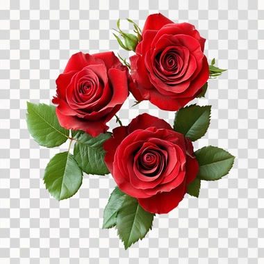 three Fresh red roses with green leaves isolated on white background, top view, together and close each other