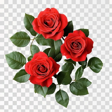 three Fresh red roses with green leaves isolated on white background, top view, together and close each other