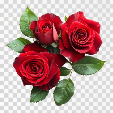 three Fresh red roses with green leaves isolated on white background, top view, together and close each other