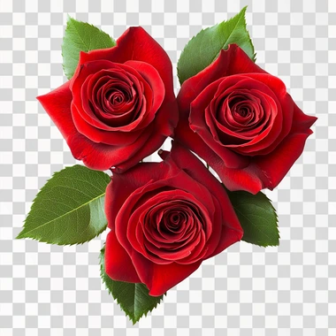 three Fresh red roses with green leaves isolated on white background, top view, together and close each other