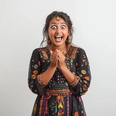 woman with excited face in isolated background in ethnic wear
