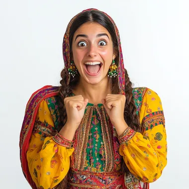 woman with excited face in isolated background in ethnic wear