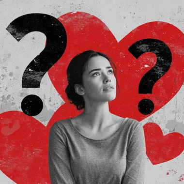 woman, hearts in the background, and a big question symbol