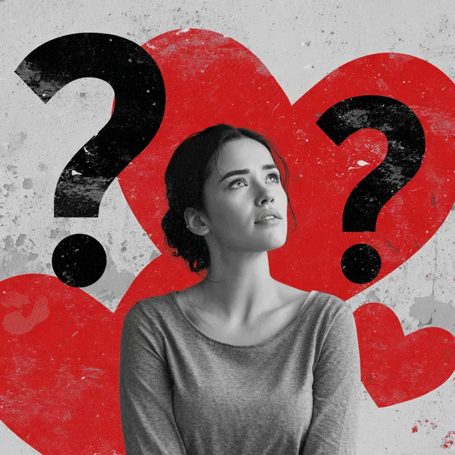 Contemplative Woman Surrounded by Hearts and Question Marks