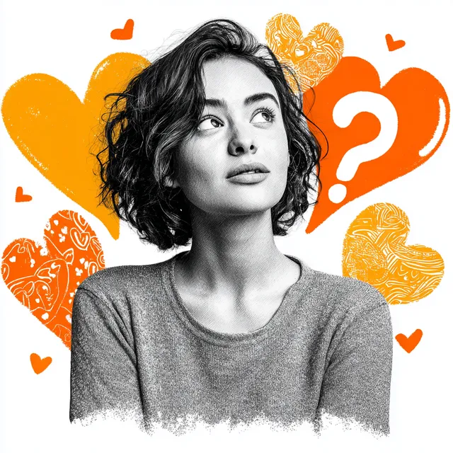 Contemplative Woman Surrounded by Hearts and Question Mark
