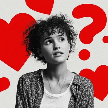 woman, hearts in the background, and a big question symbol