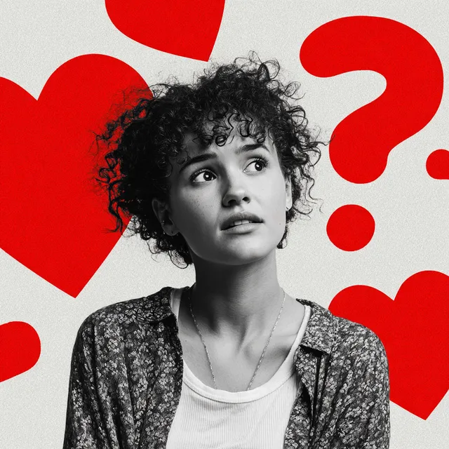 Woman Pondering Love with Hearts Background