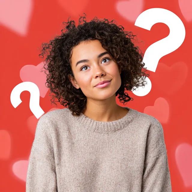 Contemplative Woman with Hearts and Question Marks