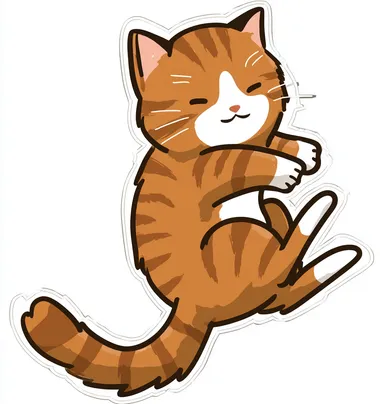 A cute, cartoonish tabby cat is playing, with its back leg raised and one paw hanging down in the air. The illustration style should be simple and flat, with no shadows or gradients to emphasize cuteness. White background. Vector graphic design for stickers. Vector graphics on a white background. Sticker. Flat color.