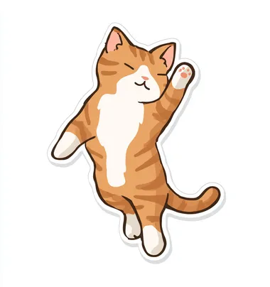 A cute, cartoonish tabby cat is playing, with its back leg raised and one paw hanging down in the air. The illustration style should be simple and flat, with no shadows or gradients to emphasize cuteness. White background. Vector graphic design for stickers. Vector graphics on a white background. Sticker. Flat color.