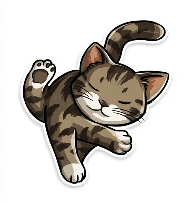 A cute, cartoonish tabby cat is playing, with its back leg raised and one paw hanging down in the air. The illustration style should be simple and flat, with no shadows or gradients to emphasize cuteness. White background. Vector graphic design for stickers. Vector graphics on a white background. Sticker. Flat color.