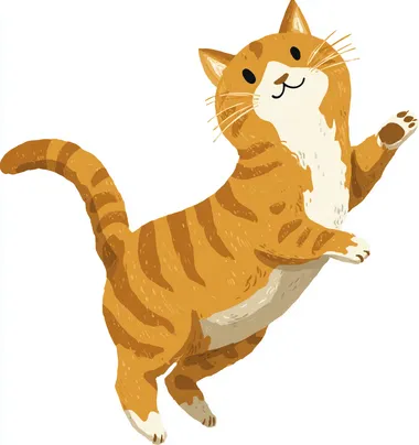 A cute, cartoonish tabby cat is playing, with its back leg raised and one paw hanging down in the air. The illustration style should be simple and flat, with no shadows or gradients to emphasize cuteness. White background. Vector graphic design for stickers. Vector graphics on a white background. Sticker. Flat color.
