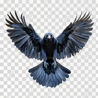 photo of a flying raven, symmetrical, frontal view, isolated white background