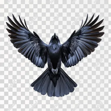 photo of a flying raven, symmetrical, frontal view, isolated white background