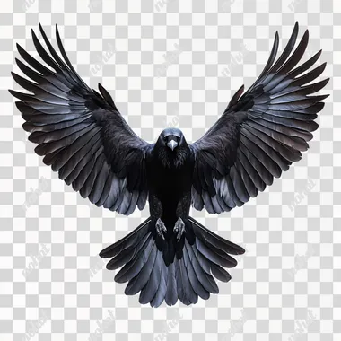 photo of a flying raven, symmetrical, frontal view, isolated white background