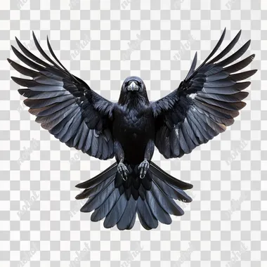 photo of a flying raven, symmetrical, frontal view, isolated white background
