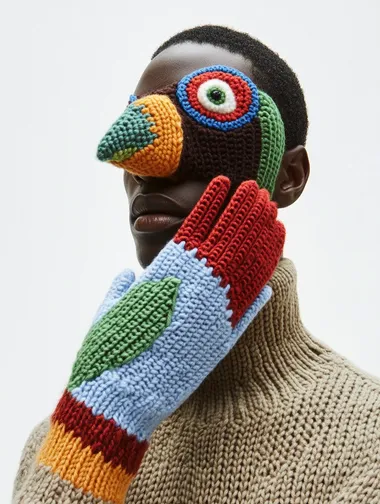 front angle, A Black male model wears an winyer glove with a knitted, crocheted, which is shaped like a bird in the mountain, made of wool and felt. The colors used in it include brown, blue, green, and red, which give off a warm feeling. It was photographed from a front-view angle, with a white background, in the style of Fashion Photography.   i3uoi6g