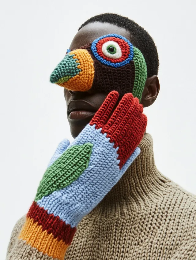 Black male model in knitted bird glove, mountain backdrop, fashion shoot