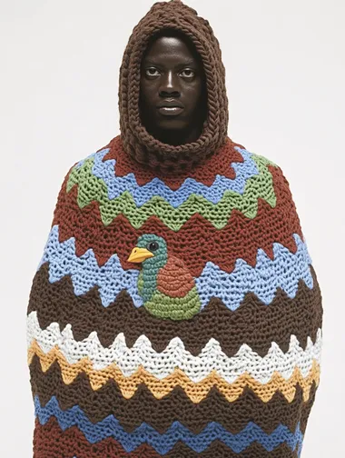 front angle, A Black male model wears an winyer glove with a knitted, crocheted, which is shaped like a bird in the mountain, made of wool and felt. The colors used in it include brown, blue, green, and red, which give off a warm feeling. It was photographed from a front-view angle, with a white background, in the style of Fashion Photography.   i3uoi6g
