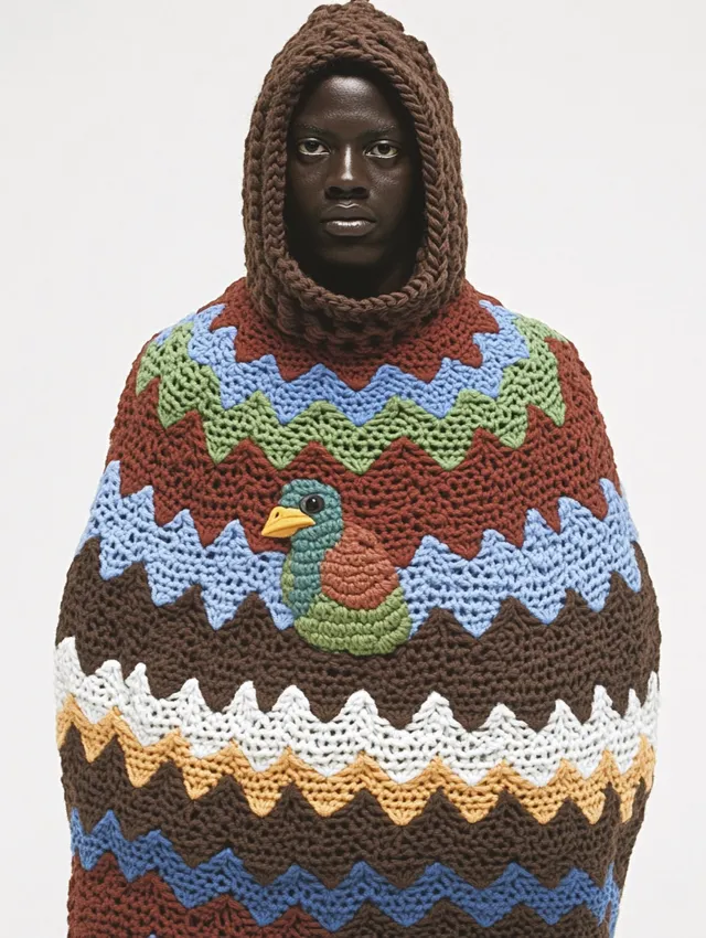 Crocheted hooded sweater featuring a duck, modeled by Black male in nature