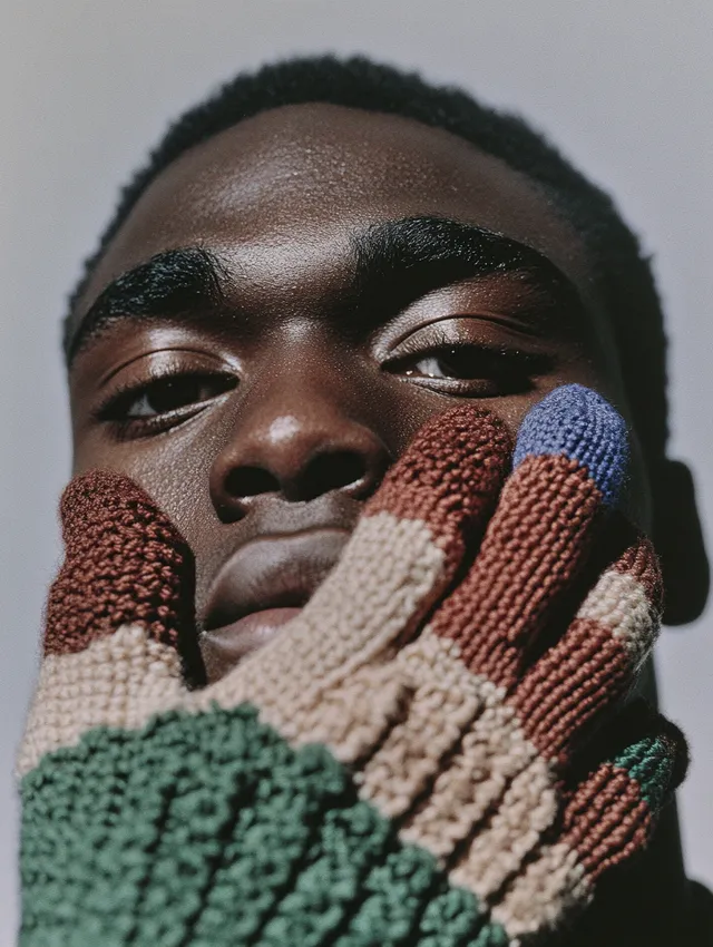 Black Male Model in Colorful Knitted Bird Glove, Fashion Photography