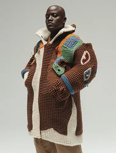 front angle, A Black male model wears an winyer glove with a knitted, crocheted, which is shaped like a bird in the mountain, made of wool and felt. The colors used in it include brown, blue, green, and red, which give off a warm feeling. It was photographed from a front-view angle, with a white background, in the style of Fashion Photography.   i3uoi6g