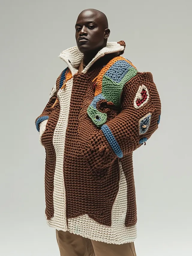 Black male model in knitted jacket and pants, mountain-inspired design