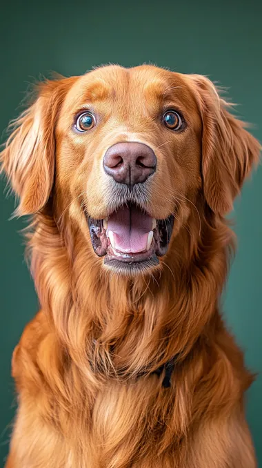 golden retriever ginger colour looking shocked holding cheeks, realistic, plain background midjourney.com  --s 250
