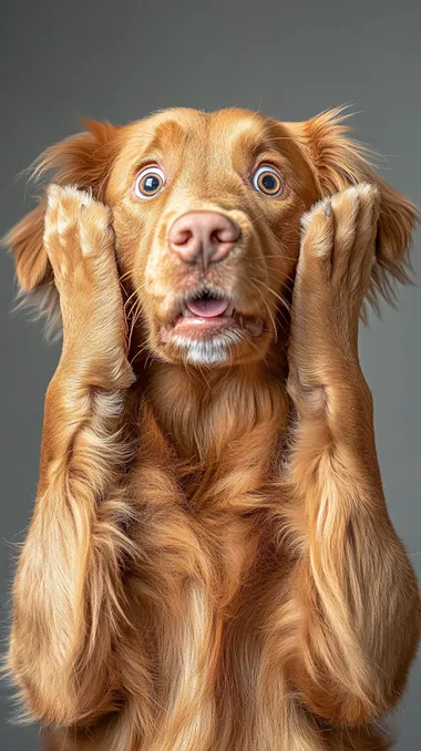 golden retriever ginger colour looking shocked holding cheeks, realistic, plain background midjourney.com  --s 250